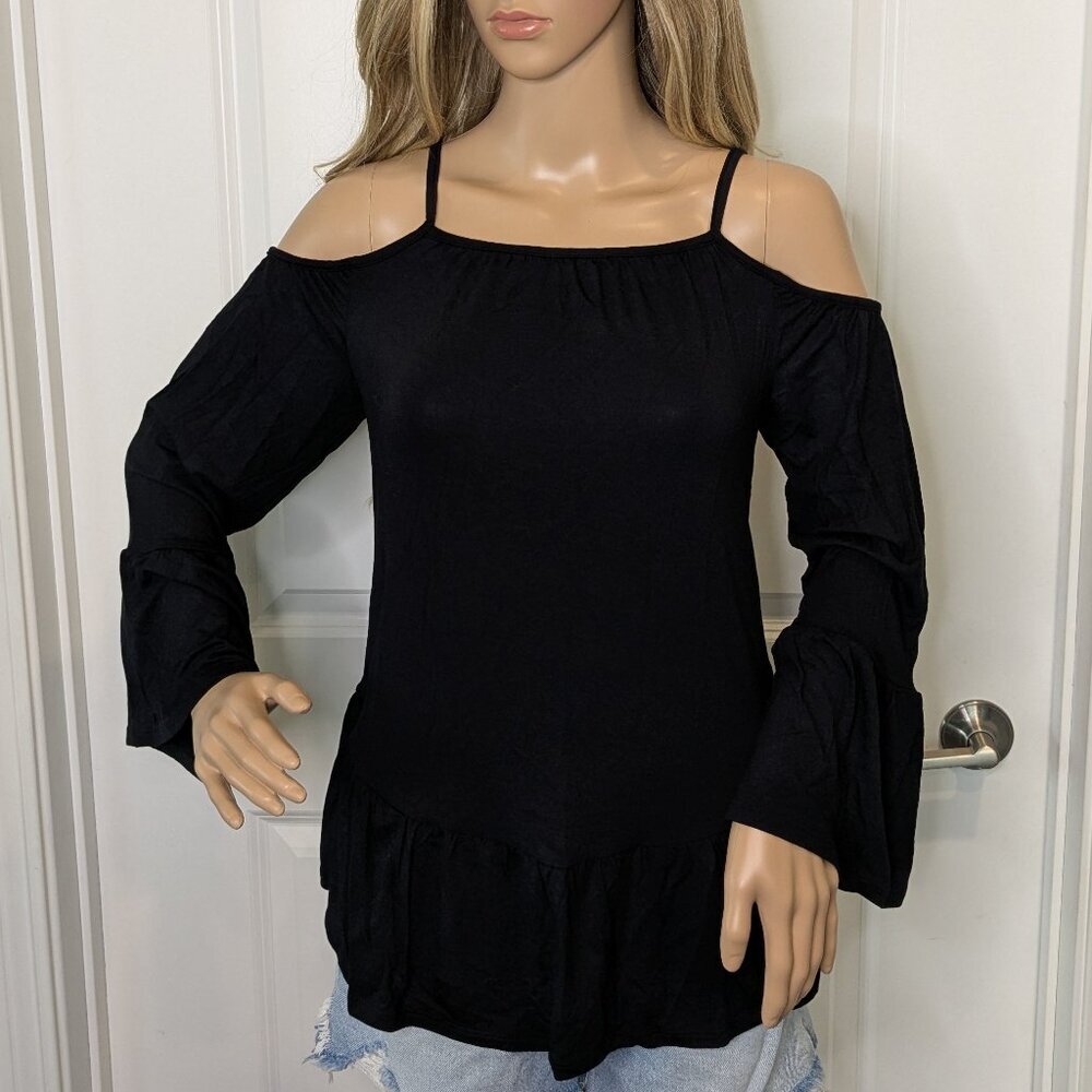 White Mark Top Women's Size Small Black Cold Shoulder Ruffle Sleeve NWT